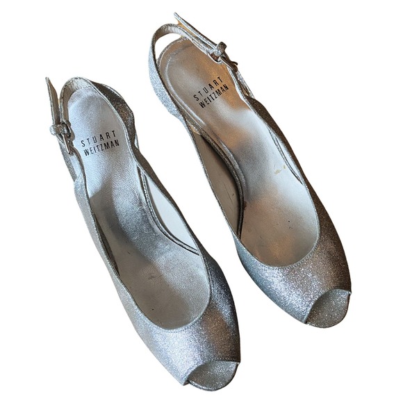 STUART WEITZMAN Pump Vevey Galactic Silver Glitter Peep Toe Spain Leather 8 EUC - Picture 7 of 9